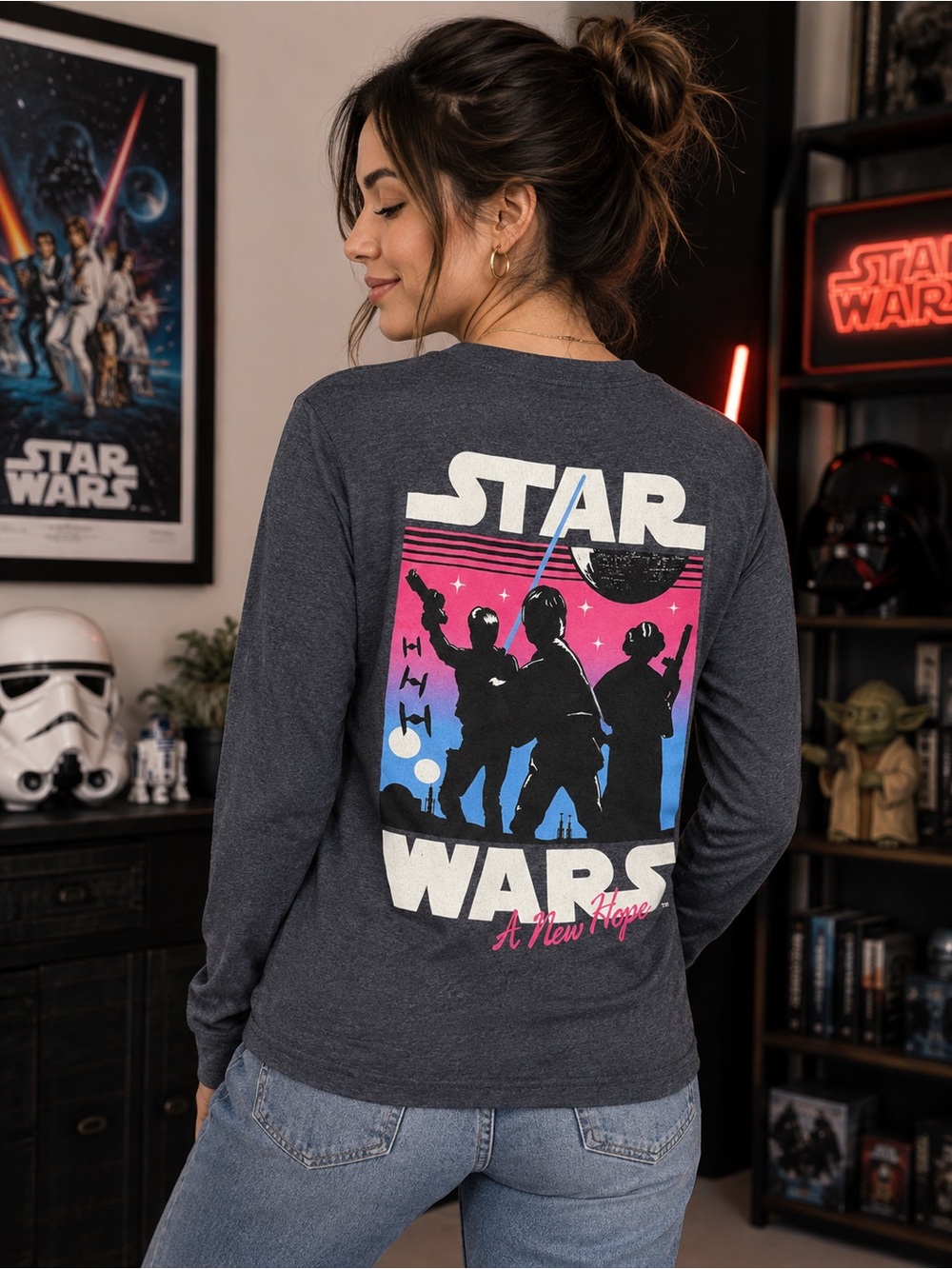 Star Wars A New Hope Retro Graphic Long Sleeve Shirt Gray Size S
